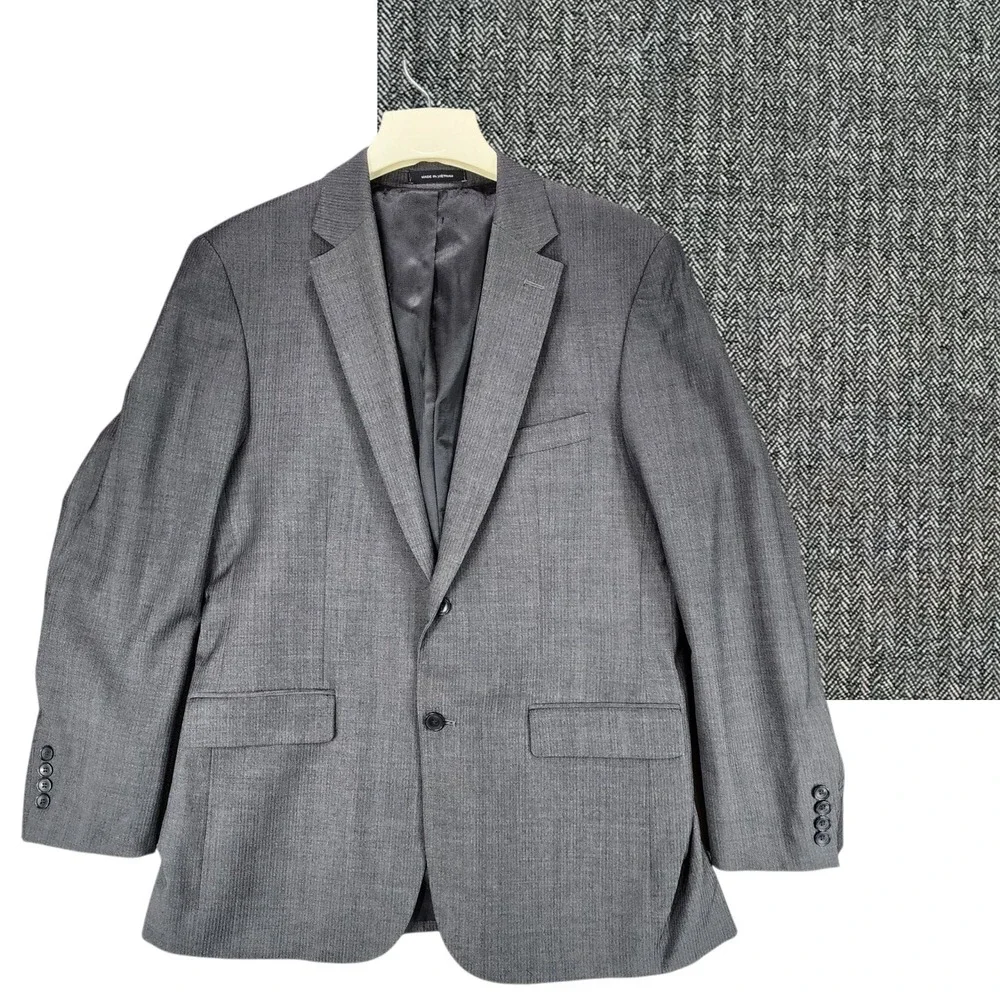 Kenneth Cole Awareness Blazer 42L Men‎ Slim Fit Herringbone Wool Stretch Gray